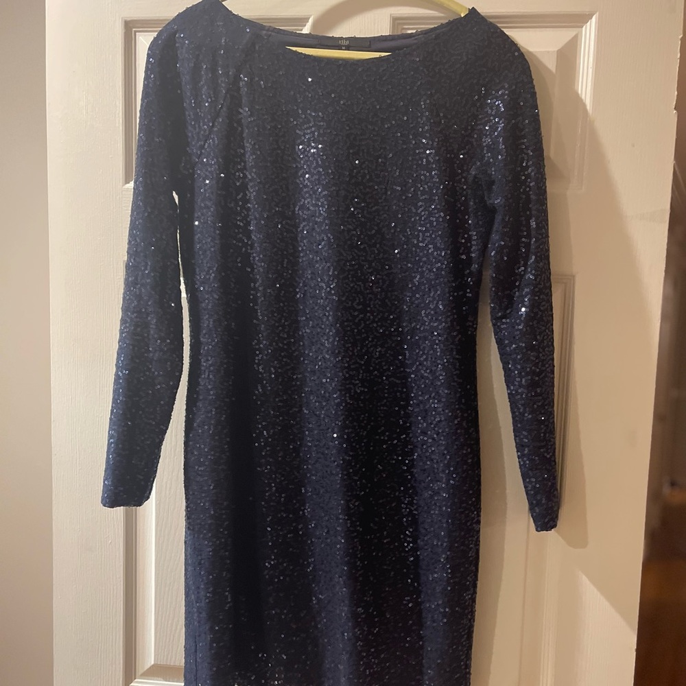 Short, sequined, navy dress